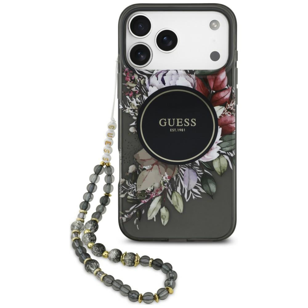 Husa MagSafe pentru Apple iPhone 18 Pro / 17 Pro, Guess, IML Flowers with Pearl Strap, Neagra