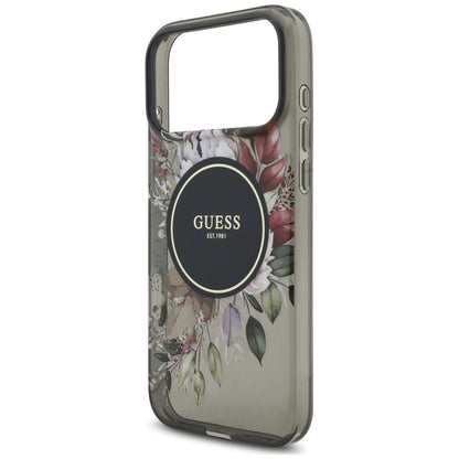 Husa MagSafe pentru Apple iPhone 18 Pro / 17 Pro, Guess, IML Flowers with Pearl Strap, Neagra