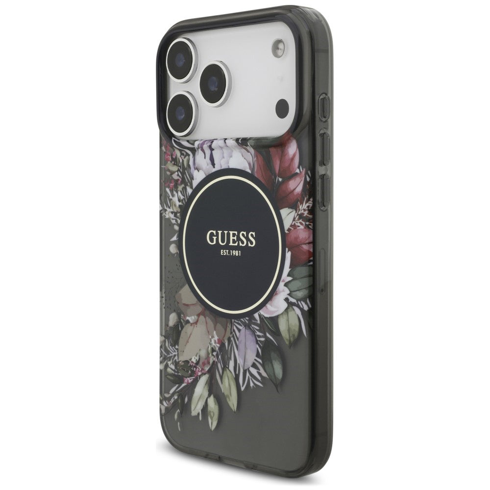 Husa MagSafe pentru Apple iPhone 18 Pro / 17 Pro, Guess, IML Flowers with Pearl Strap, Neagra