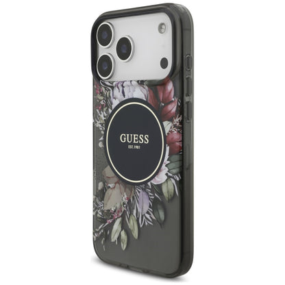 Husa MagSafe pentru Apple iPhone 18 Pro / 17 Pro, Guess, IML Flowers with Pearl Strap, Neagra
