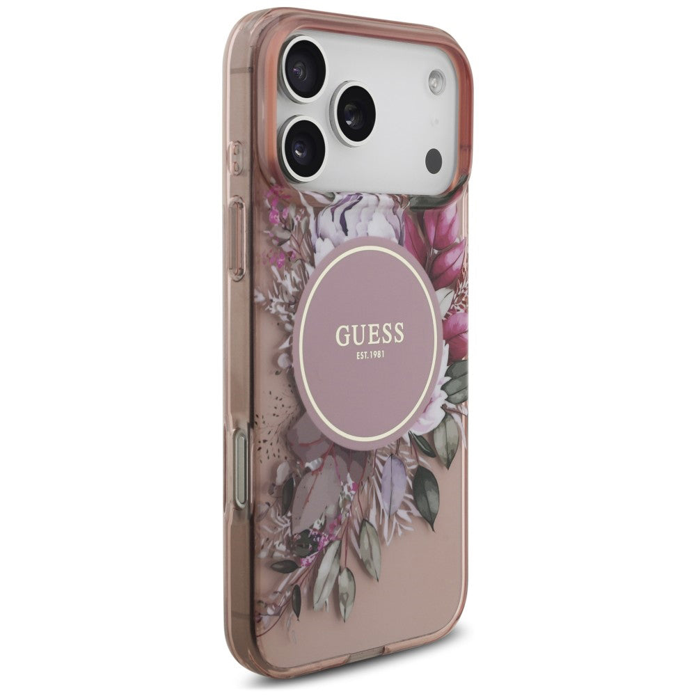 Husa MagSafe pentru Apple iPhone 18 Pro / 17 Pro, Guess, IML Flowers with Pearl Strap, Roz