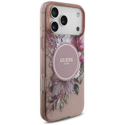 Husa MagSafe pentru Apple iPhone 18 Pro / 17 Pro, Guess, IML Flowers with Pearl Strap, Roz
