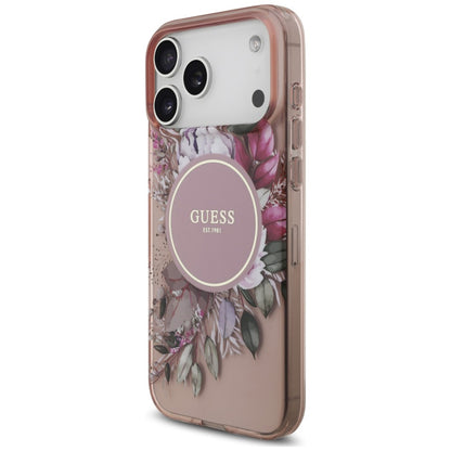 Husa MagSafe pentru Apple iPhone 18 Pro / 17 Pro, Guess, IML Flowers with Pearl Strap, Roz