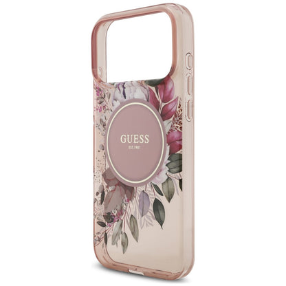 Husa MagSafe pentru Apple iPhone 18 Pro / 17 Pro, Guess, IML Flowers with Pearl Strap, Roz