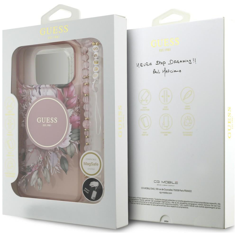 Husa MagSafe pentru Apple iPhone 18 Pro / 17 Pro, Guess, IML Flowers with Pearl Strap, Roz