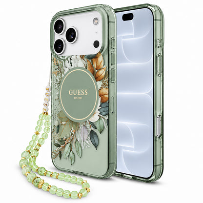 Husa MagSafe pentru Apple iPhone 18 Pro / 17 Pro, Guess, IML Flowers with Pearl Strap, Verde