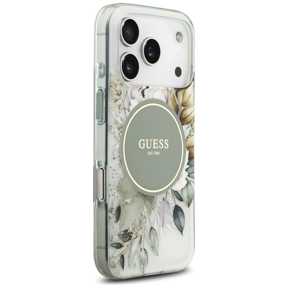 Husa MagSafe pentru Apple iPhone 18 Pro / 17 Pro, Guess, IML Flowers with Pearl Strap, Verde