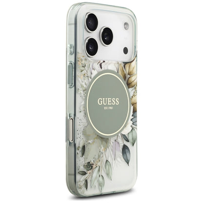 Husa MagSafe pentru Apple iPhone 18 Pro / 17 Pro, Guess, IML Flowers with Pearl Strap, Verde