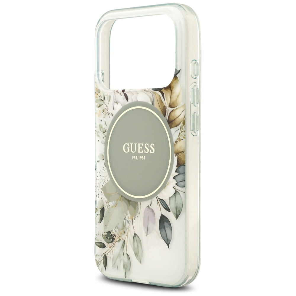 Husa MagSafe pentru Apple iPhone 18 Pro / 17 Pro, Guess, IML Flowers with Pearl Strap, Verde