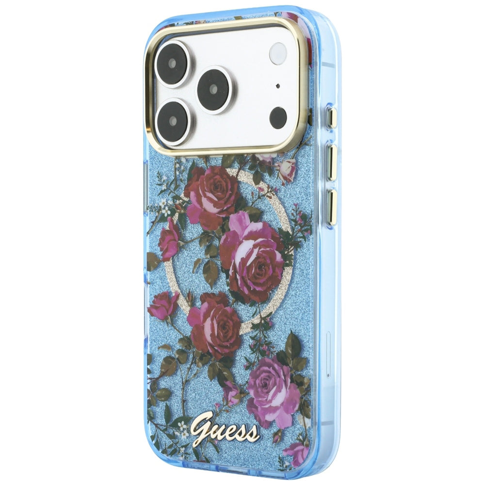 Husa MagSafe pentru Apple iPhone 18 Pro / 17 Pro, Guess, IML Glitter Blossom Roses, Bleu