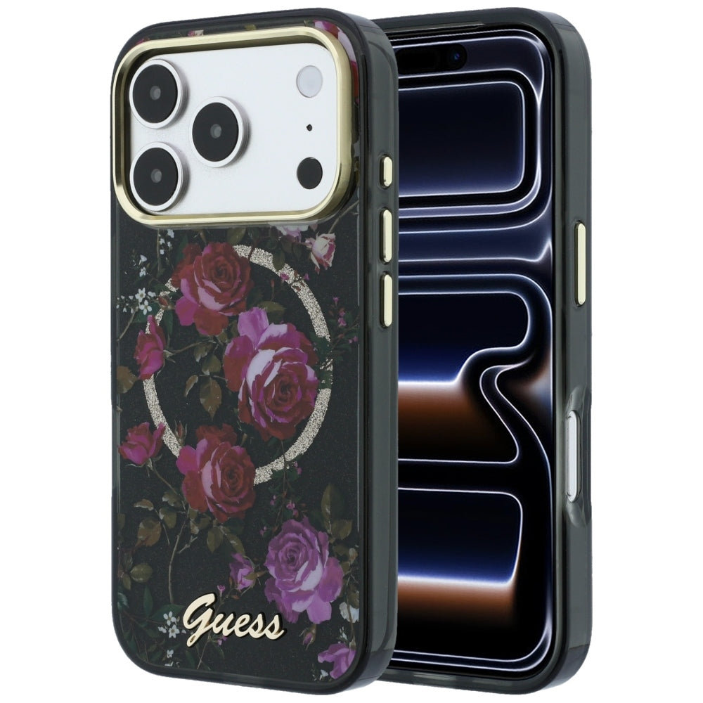 Husa MagSafe pentru Apple iPhone 18 Pro / 17 Pro, Guess, IML Glitter Blossom Roses, Neagra