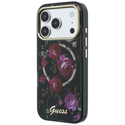 Husa MagSafe pentru Apple iPhone 18 Pro / 17 Pro, Guess, IML Glitter Blossom Roses, Neagra