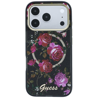 Husa MagSafe pentru Apple iPhone 18 Pro / 17 Pro, Guess, IML Glitter Blossom Roses, Neagra