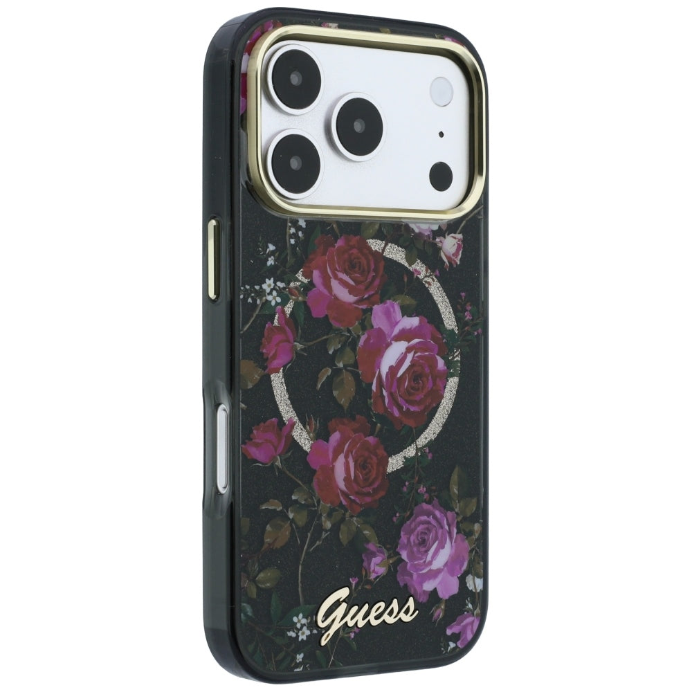 Husa MagSafe pentru Apple iPhone 18 Pro / 17 Pro, Guess, IML Glitter Blossom Roses, Neagra