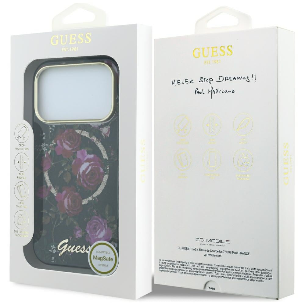 Husa MagSafe pentru Apple iPhone 18 Pro / 17 Pro, Guess, IML Glitter Blossom Roses, Neagra