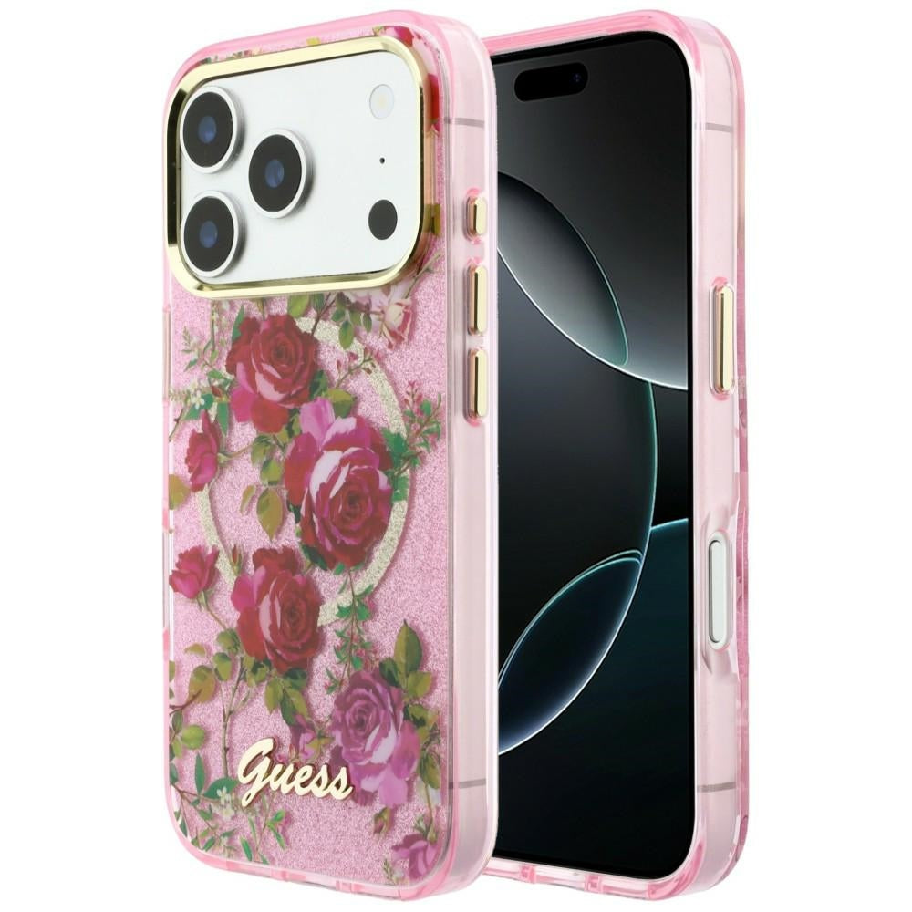Husa MagSafe pentru Apple iPhone 18 Pro / 17 Pro, Guess, IML Glitter Blossom Roses, Roz