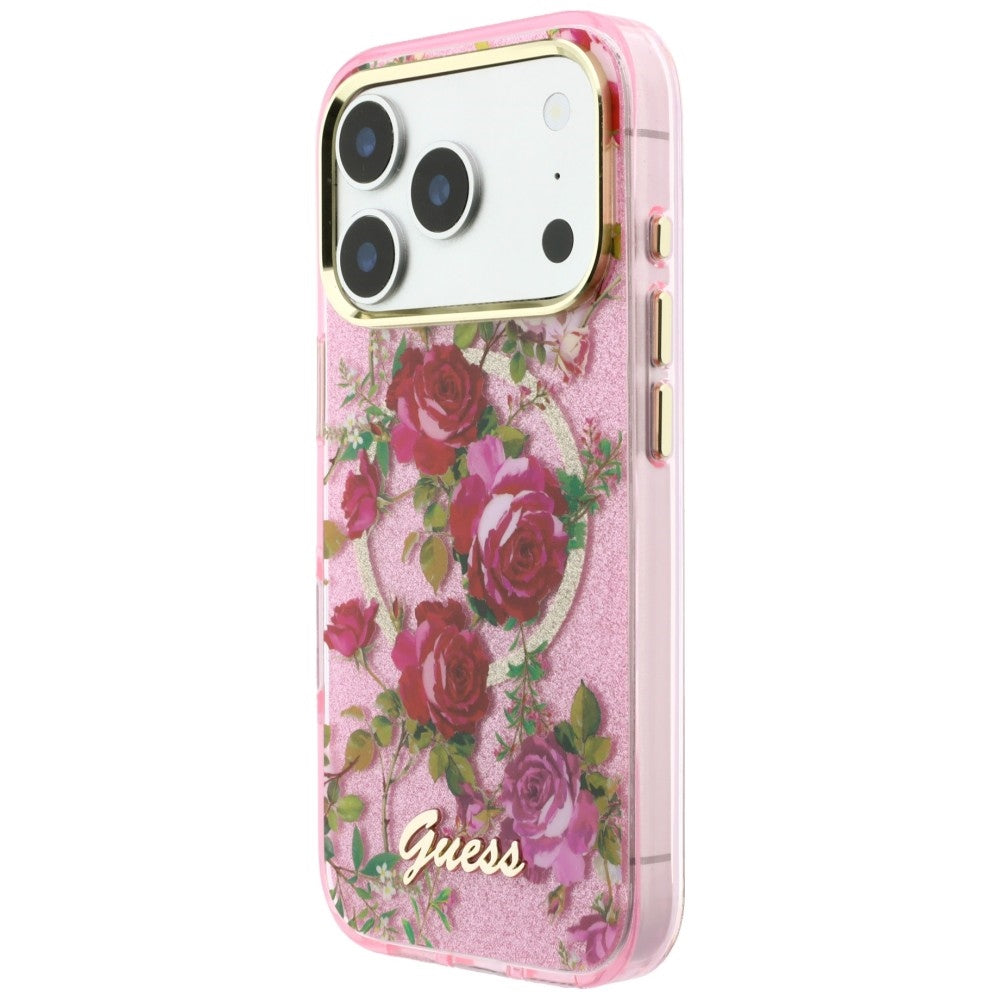 Husa MagSafe pentru Apple iPhone 18 Pro / 17 Pro, Guess, IML Glitter Blossom Roses, Roz