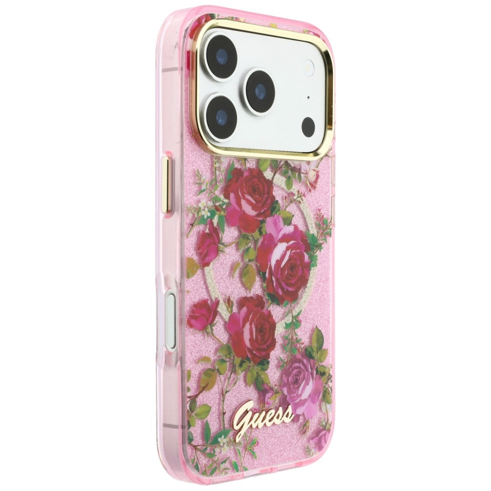 Husa MagSafe pentru Apple iPhone 18 Pro / 17 Pro, Guess, IML Glitter Blossom Roses, Roz
