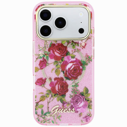 Husa MagSafe pentru Apple iPhone 18 Pro / 17 Pro, Guess, IML Glitter Blossom Roses, Roz