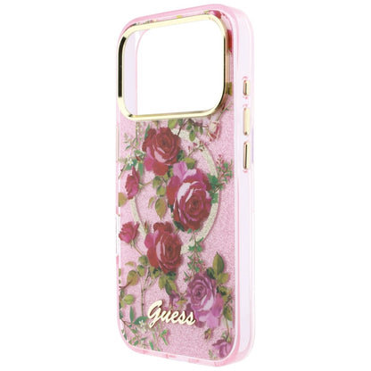 Husa MagSafe pentru Apple iPhone 18 Pro / 17 Pro, Guess, IML Glitter Blossom Roses, Roz