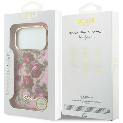 Husa MagSafe pentru Apple iPhone 18 Pro / 17 Pro, Guess, IML Glitter Blossom Roses, Roz
