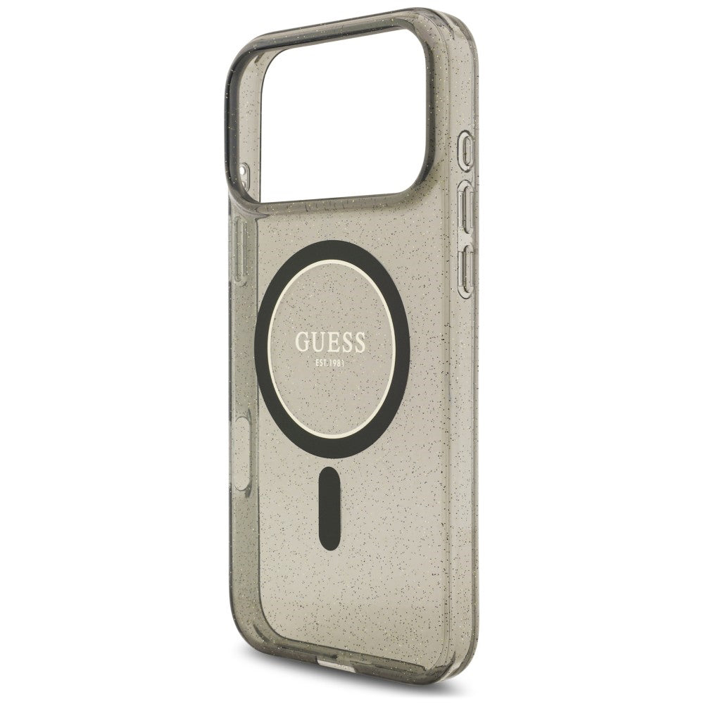 Husa MagSafe pentru Apple iPhone 18 Pro / 17 Pro, Guess, IML Glitter with Pearl Strap, Neagra