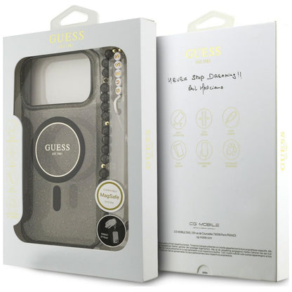 Husa MagSafe pentru Apple iPhone 18 Pro / 17 Pro, Guess, IML Glitter with Pearl Strap, Neagra
