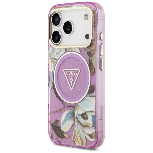 Husa MagSafe pentru Apple iPhone 18 Pro / 17 Pro, Guess, IML Metal Glitter Flowers Triangle, Mov