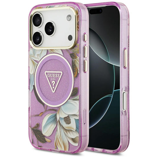 Husa MagSafe pentru Apple iPhone 18 Pro / 17 Pro, Guess, IML Metal Glitter Flowers Triangle, Mov