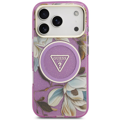Husa MagSafe pentru Apple iPhone 18 Pro / 17 Pro, Guess, IML Metal Glitter Flowers Triangle, Mov