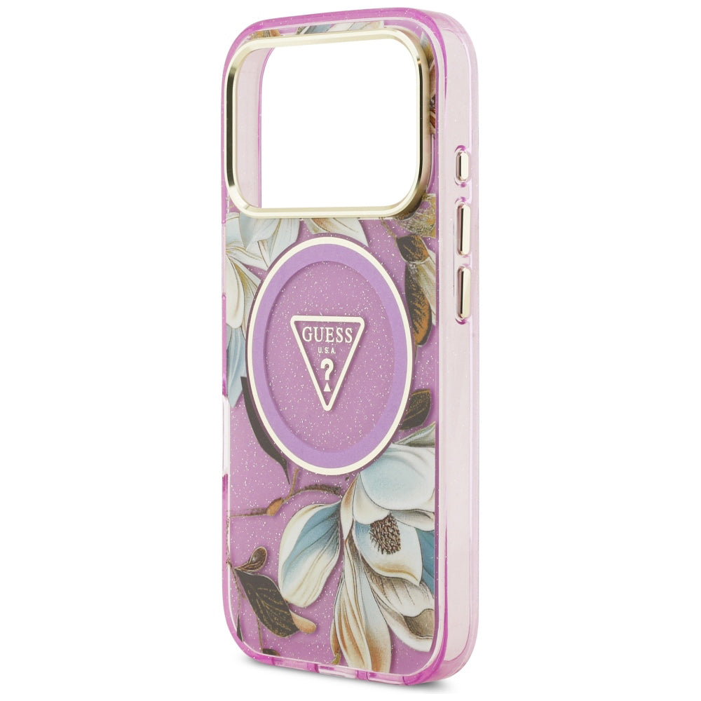 Husa MagSafe pentru Apple iPhone 18 Pro / 17 Pro, Guess, IML Metal Glitter Flowers Triangle, Mov