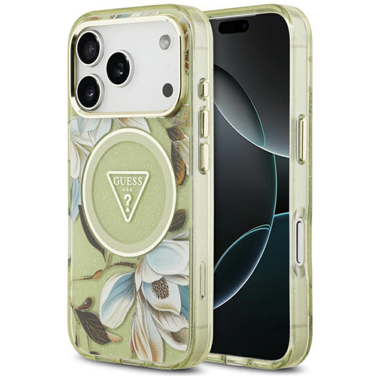 Husa MagSafe pentru Apple iPhone 18 Pro / 17 Pro, Guess, IML Metal Glitter Flowers Triangle, Verde