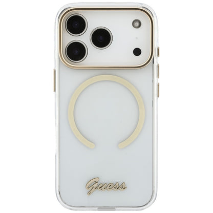Husa MagSafe pentru Apple iPhone 18 Pro / 17 Pro, Guess, IML Script Metal, Transparenta