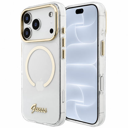 Husa MagSafe pentru Apple iPhone 18 Pro / 17 Pro, Guess, IML Script Metal, Transparenta