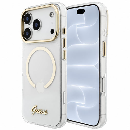 Husa MagSafe pentru Apple iPhone 18 Pro / 17 Pro, Guess, IML Script Metal, Transparenta