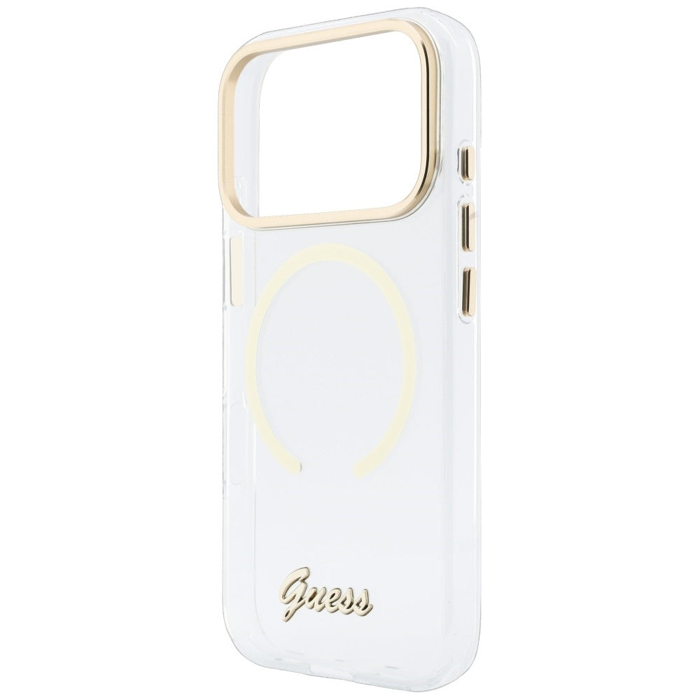 Husa MagSafe pentru Apple iPhone 18 Pro / 17 Pro, Guess, IML Script Metal, Transparenta
