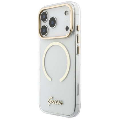 Husa MagSafe pentru Apple iPhone 18 Pro / 17 Pro, Guess, IML Script Metal, Transparenta