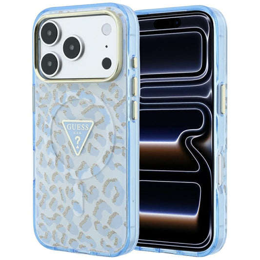 Husa MagSafe pentru Apple iPhone 18 Pro / 17 Pro, Guess, Leopard Glitter Triangle Logo, Bleu