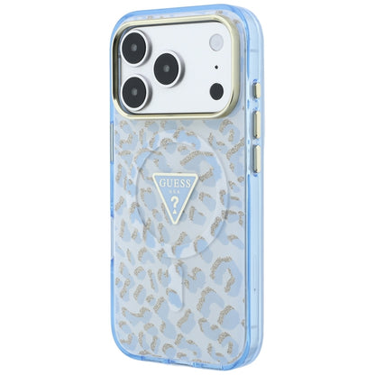 Husa MagSafe pentru Apple iPhone 18 Pro / 17 Pro, Guess, Leopard Glitter Triangle Logo, Bleu