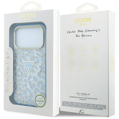 Husa MagSafe pentru Apple iPhone 18 Pro / 17 Pro, Guess, Leopard Glitter Triangle Logo, Bleu