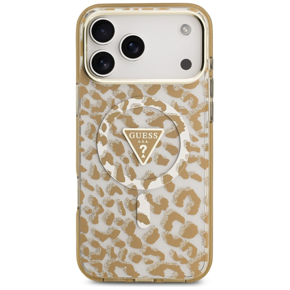Husa MagSafe pentru Apple iPhone 18 Pro / 17 Pro, Guess, Leopard Glitter Triangle Logo, Maro