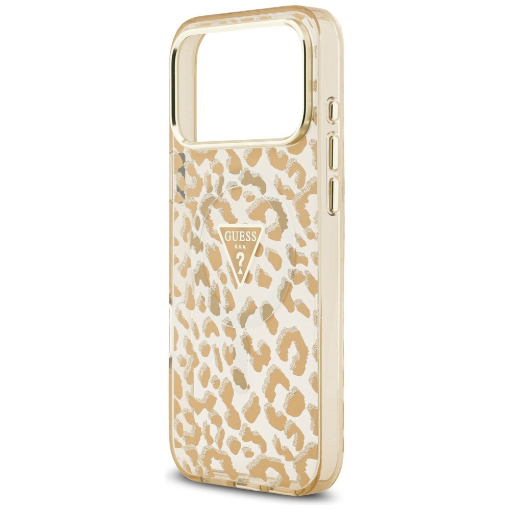 Husa MagSafe pentru Apple iPhone 18 Pro / 17 Pro, Guess, Leopard Glitter Triangle Logo, Maro