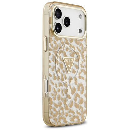 Husa MagSafe pentru Apple iPhone 18 Pro / 17 Pro, Guess, Leopard Glitter Triangle Logo, Maro