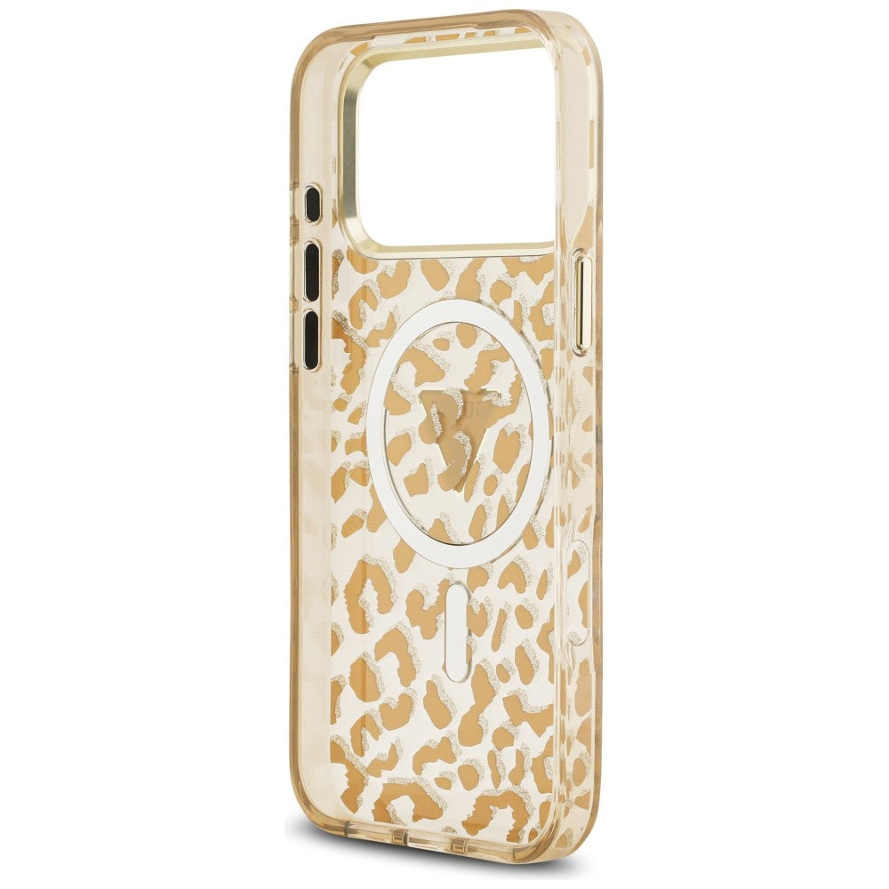 Husa MagSafe pentru Apple iPhone 18 Pro / 17 Pro, Guess, Leopard Glitter Triangle Logo, Maro