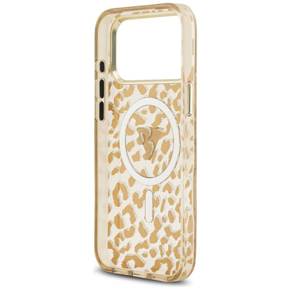 Husa MagSafe pentru Apple iPhone 18 Pro / 17 Pro, Guess, Leopard Glitter Triangle Logo, Maro