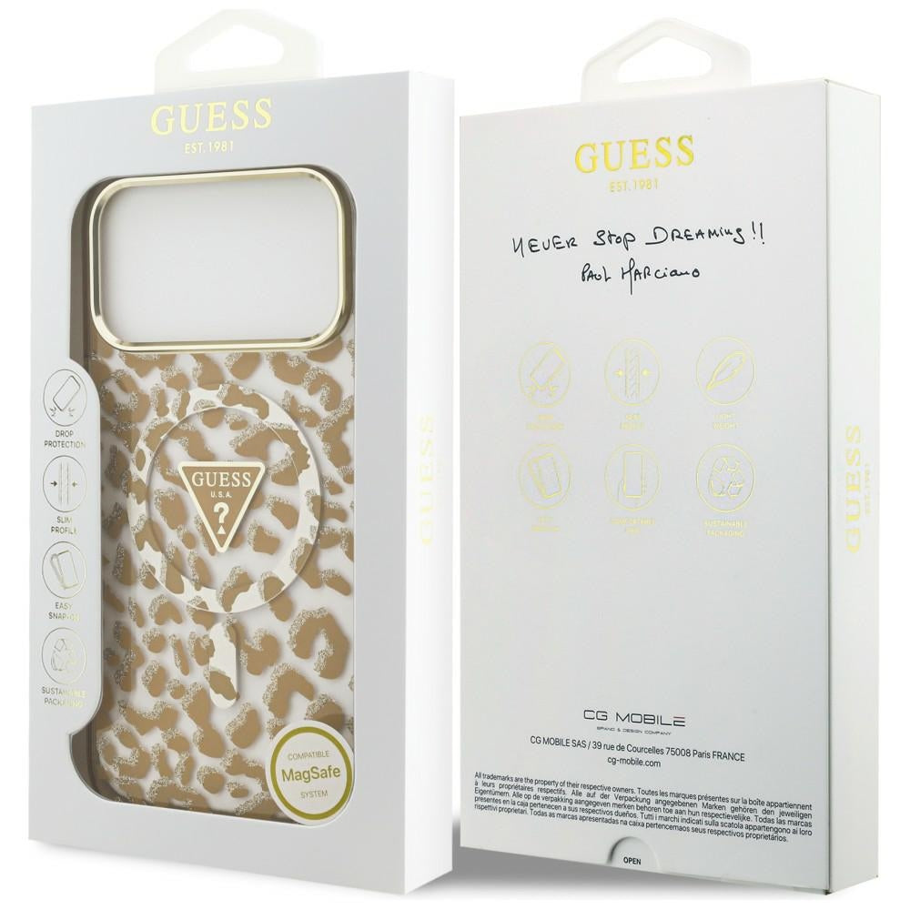 Husa MagSafe pentru Apple iPhone 18 Pro / 17 Pro, Guess, Leopard Glitter Triangle Logo, Maro