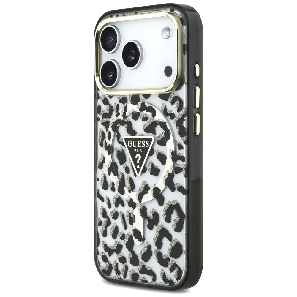 Husa MagSafe pentru Apple iPhone 18 Pro / 17 Pro, Guess, Leopard Glitter Triangle Logo, Neagra