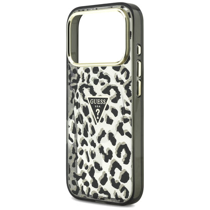 Husa MagSafe pentru Apple iPhone 18 Pro / 17 Pro, Guess, Leopard Glitter Triangle Logo, Neagra