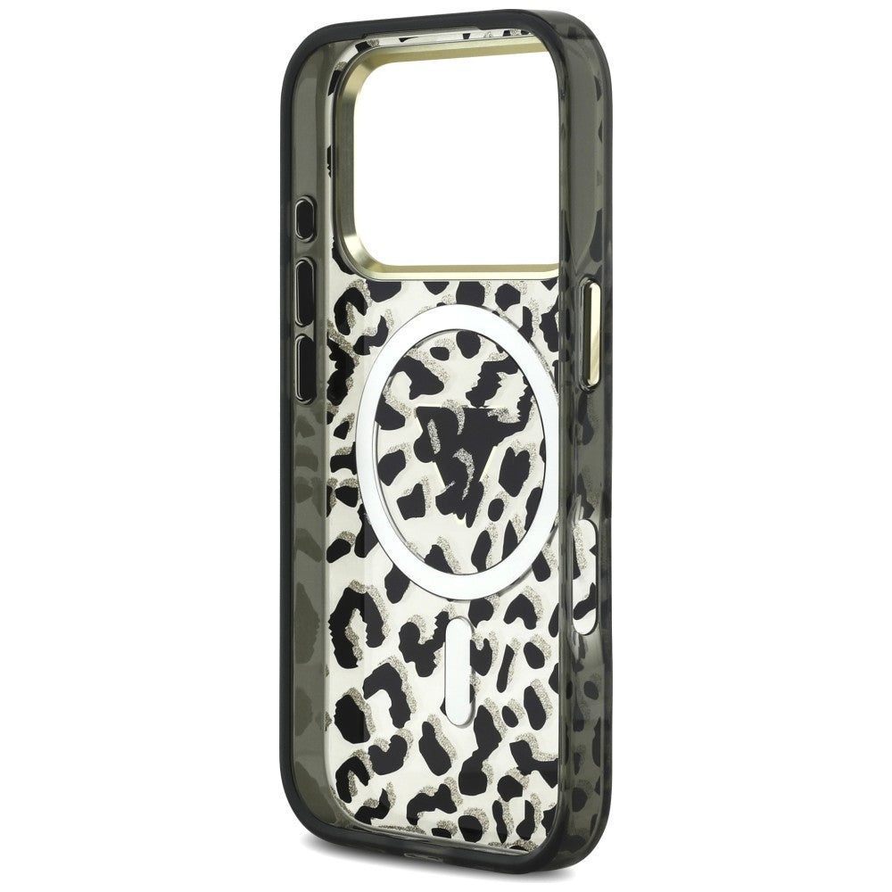 Husa MagSafe pentru Apple iPhone 18 Pro / 17 Pro, Guess, Leopard Glitter Triangle Logo, Neagra