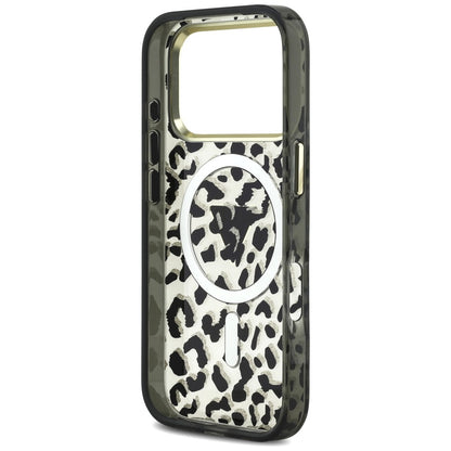 Husa MagSafe pentru Apple iPhone 18 Pro / 17 Pro, Guess, Leopard Glitter Triangle Logo, Neagra